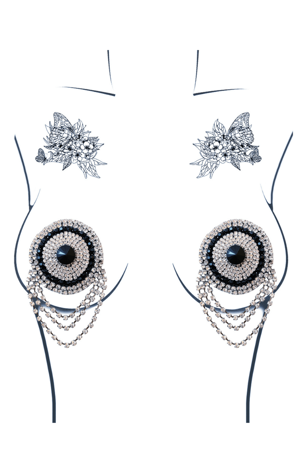 Sparkling Burlesque Nipztix pasties: black rhinestone centers, silver rhinestone rings, and dazzling chain tassels.