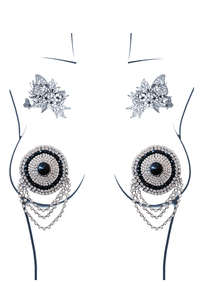 Sparkling Burlesque Nipztix pasties: black rhinestone centers, silver rhinestone rings, and dazzling chain tassels.