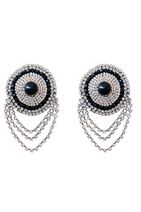Stunning black and silver rhinestone pasties with dazzling jewel-like chains, perfect for your inner showgirl.