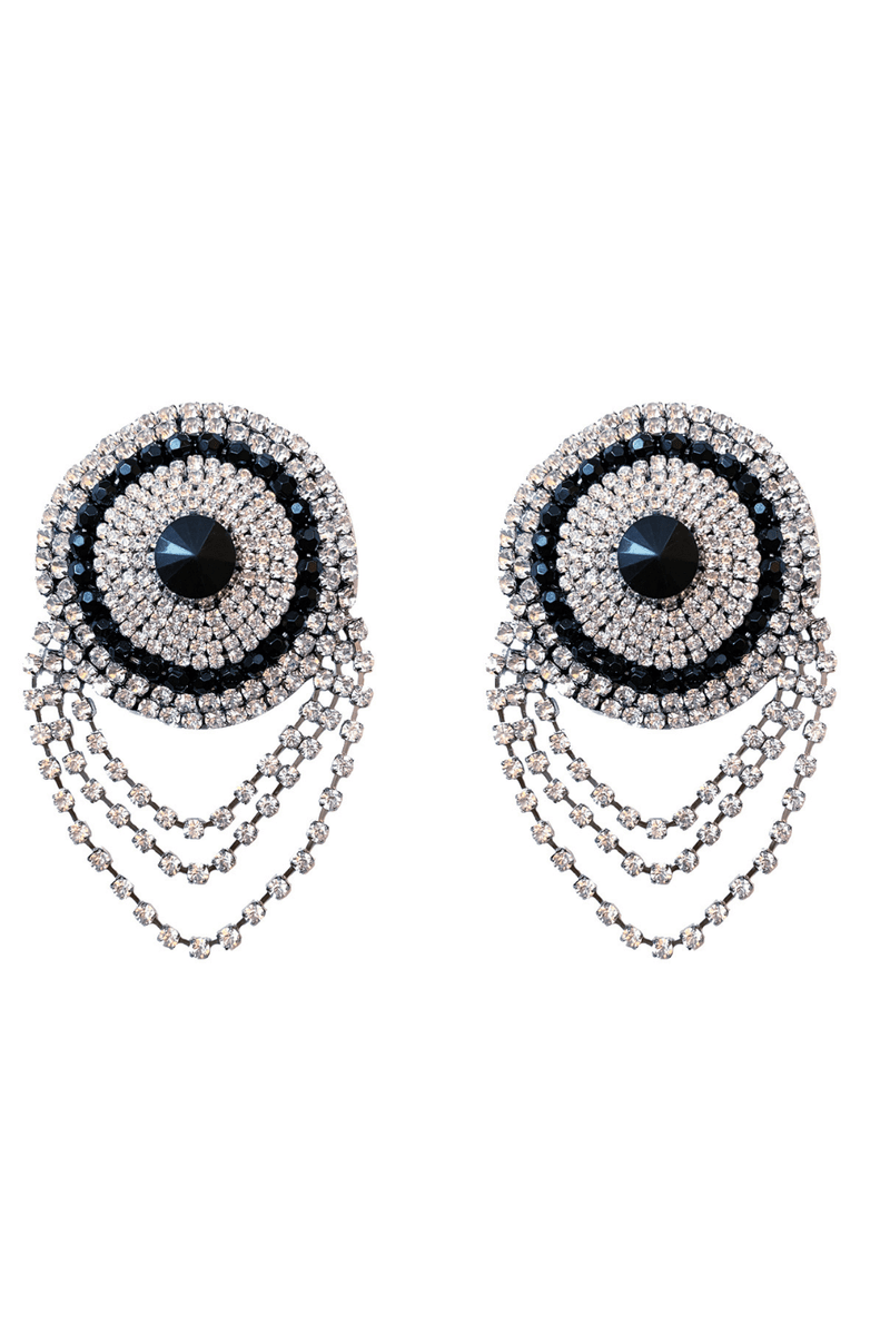 Stunning black and silver rhinestone pasties with dazzling jewel-like chains, perfect for your inner showgirl.