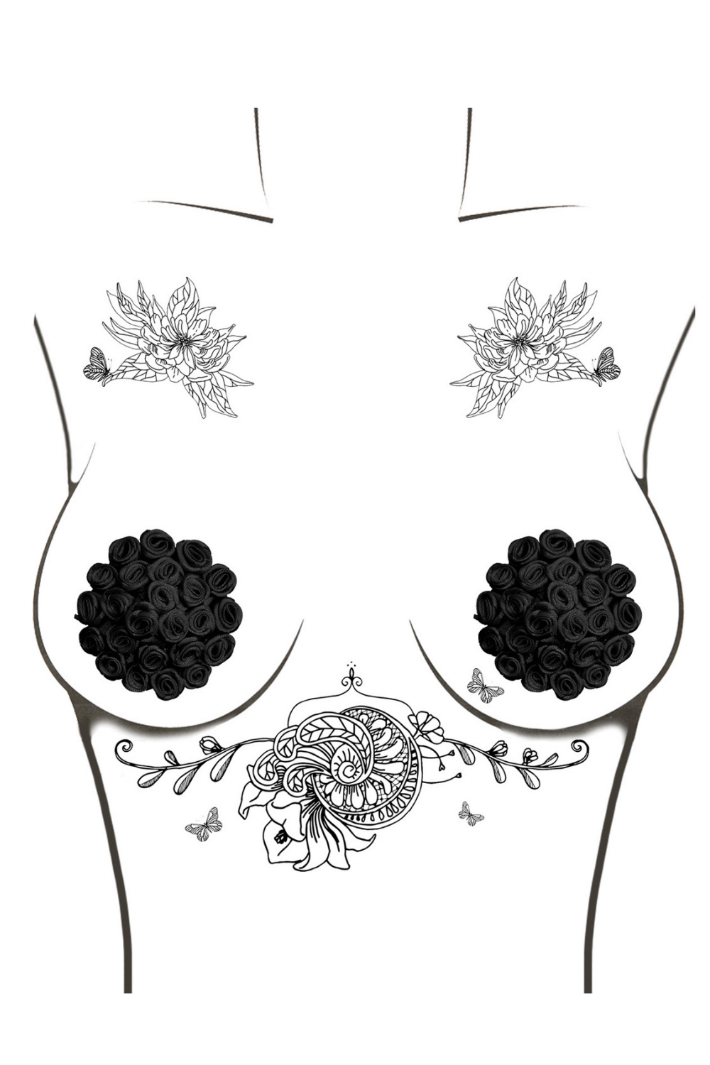 Burlesque Nightfall Black Roses Reusable Silicone Pasties-Rebel Romance