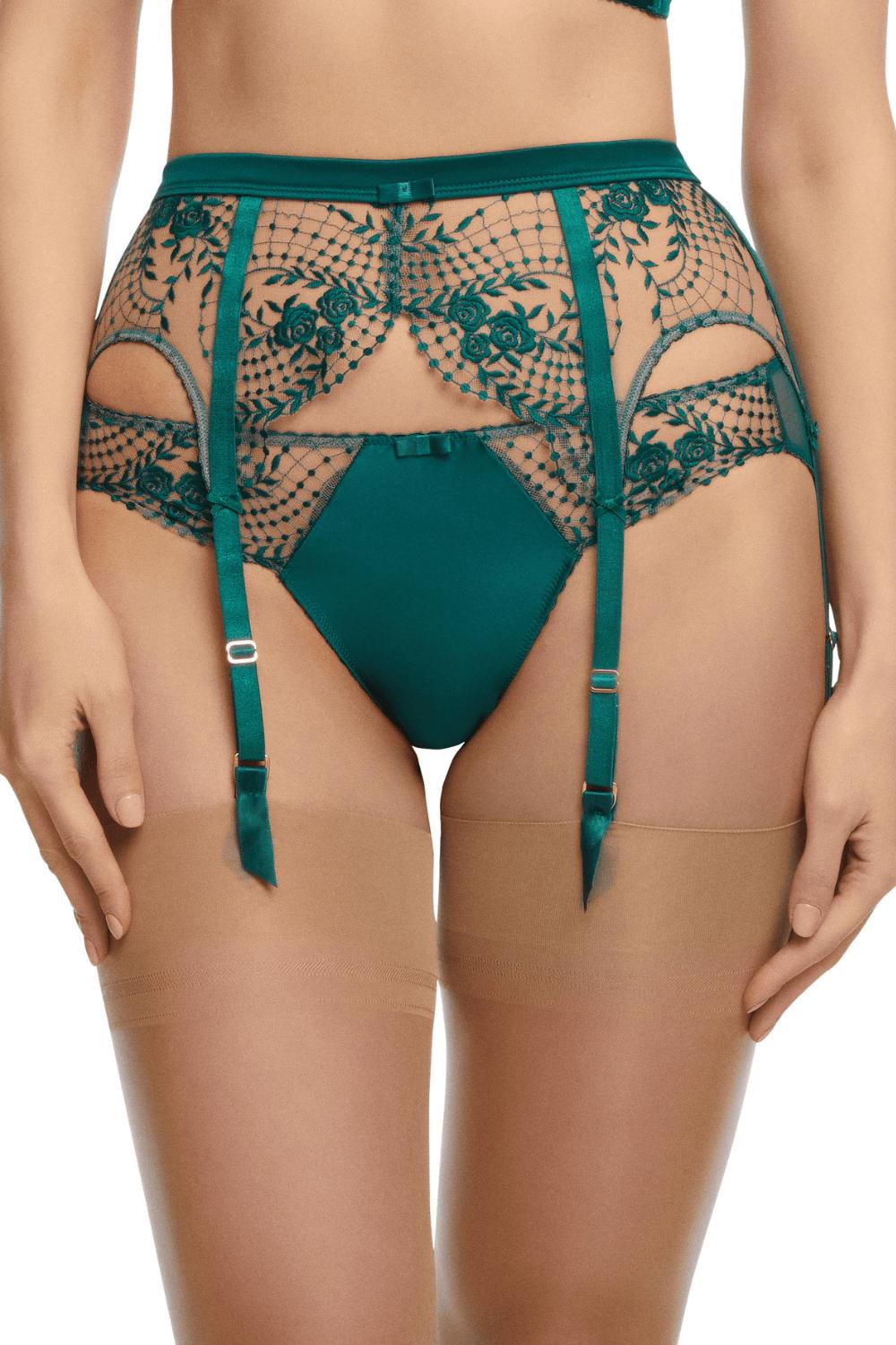 Dita Von Teese Julie's Roses Sheer Suspender Belt Deep Teal-Rebel Romance