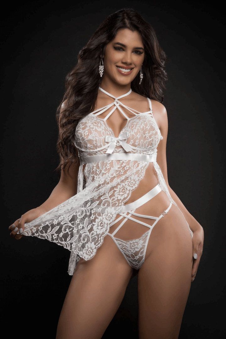 G World Lace Babydoll w/High Waist Strappy Panty White