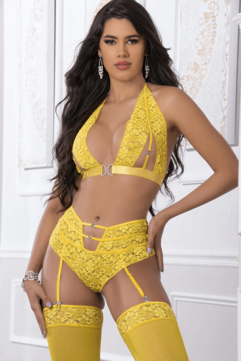 G World Venetian Laced High Waist Garter Panty Peek-a-boo Bra Set Yellow-Rebel Romance