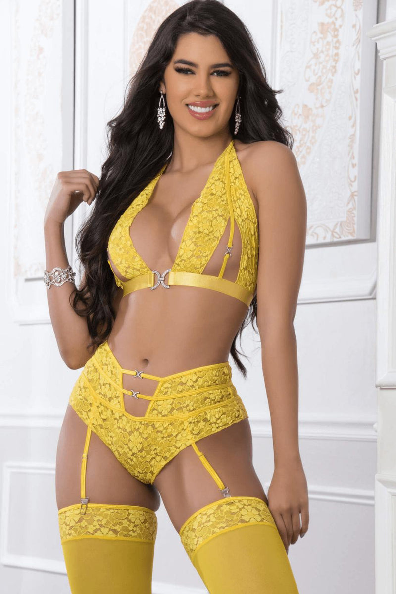 G World Venetian Laced High Waist Garter Panty Peek-a-boo Bra Set Yellow-Rebel Romance