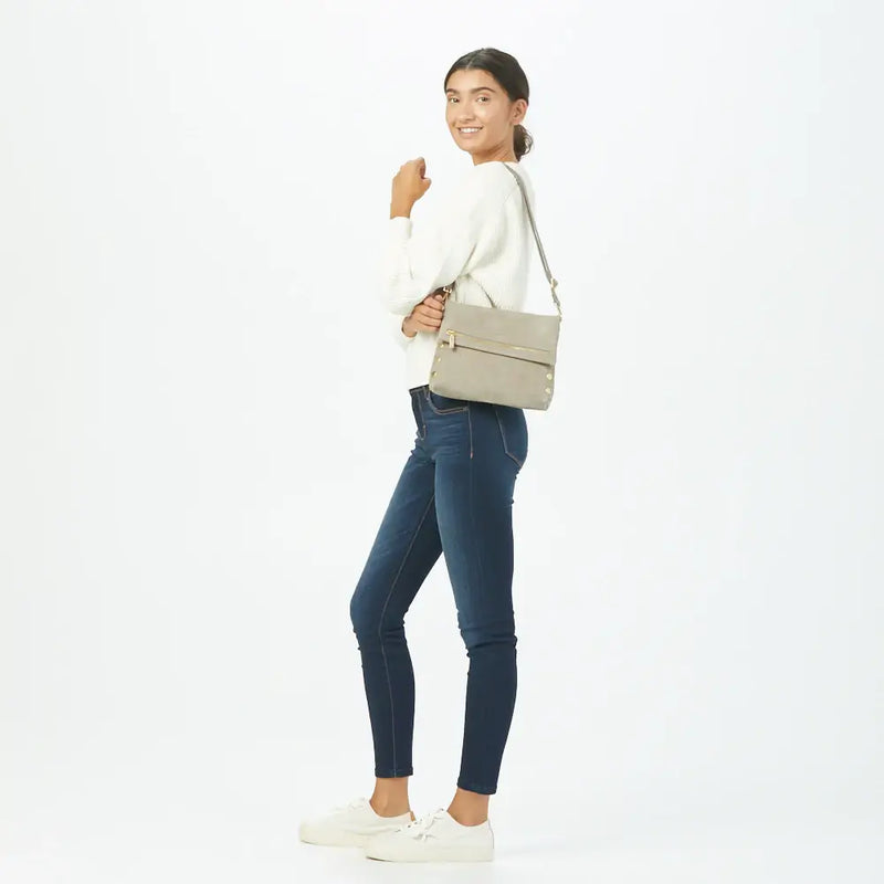 VIP Med Zippered Suede Crossbody Clutch Grey Natural/Brushed Gold-Rebel Romance