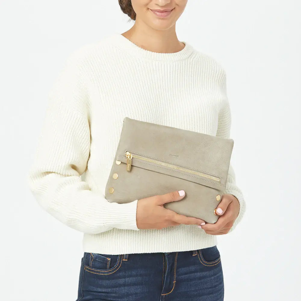 VIP Med Zippered Suede Crossbody Clutch Grey Natural/Brushed Gold-Rebel Romance