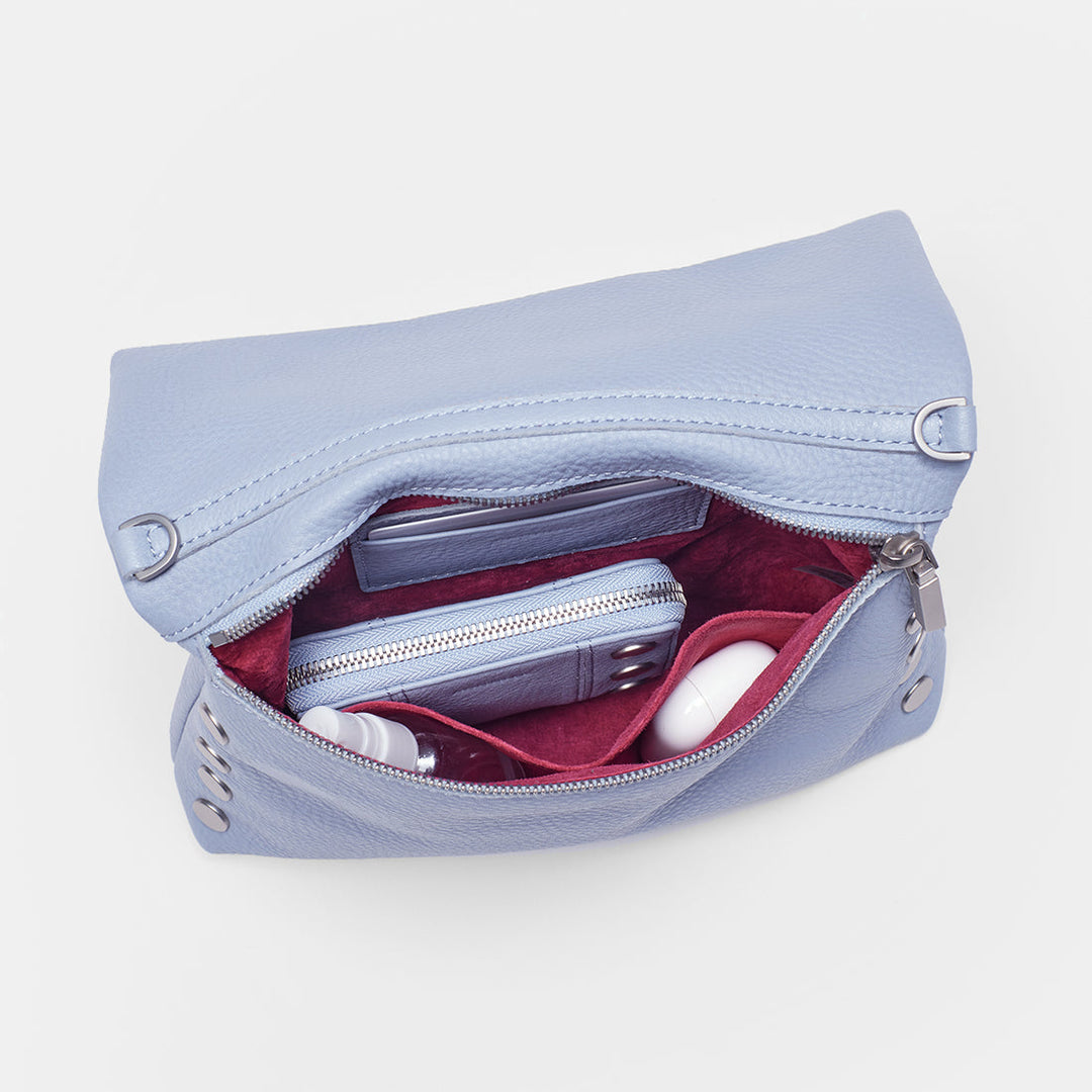 VIP Med Zippered Leather Crossbody Clutch Periwinkle Haze/Silver